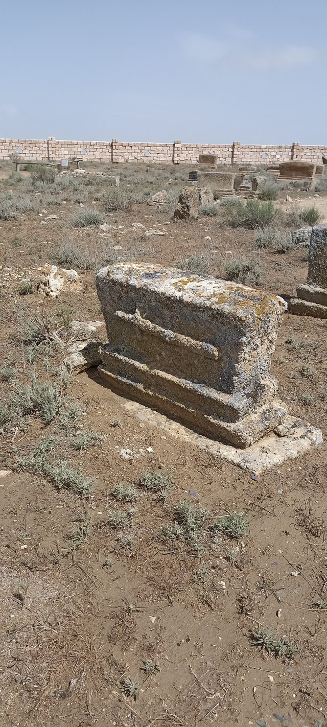 Каменное надгробие в некрополе Караман-Ата, за ним — кирпичная ограда комплекса.