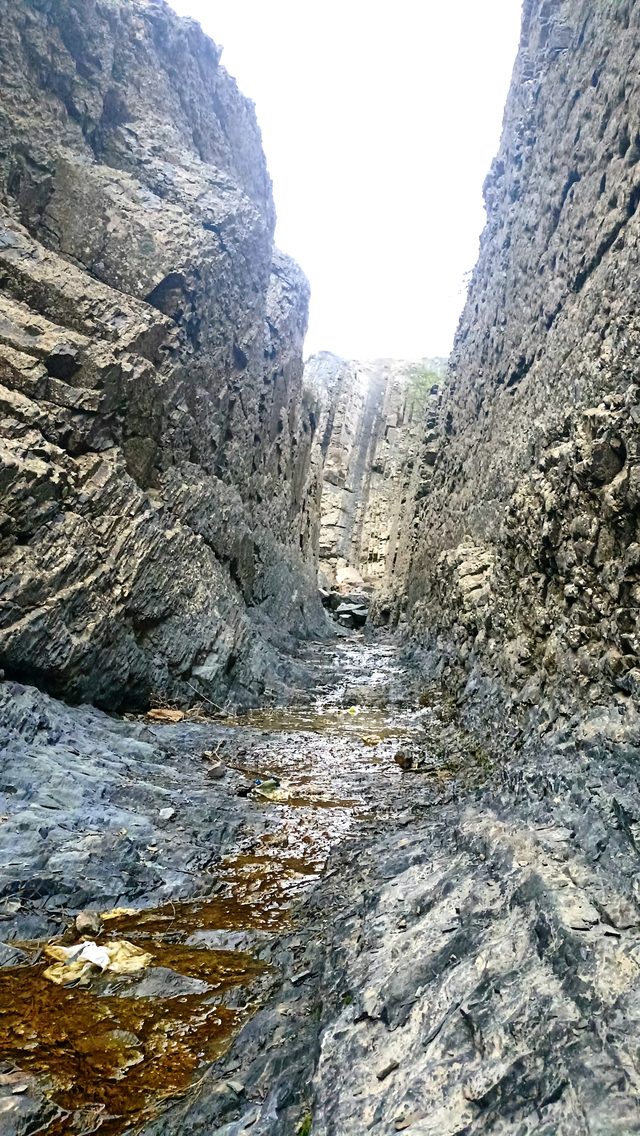 Ручей на дне Взъерошенного каньона: вода стекает по слоистым плитам между отвесных стен.